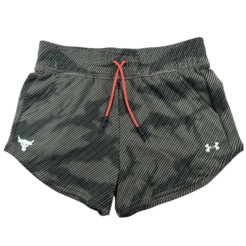 Under Armour Project Rock Print Shorts Womens Small Green Black Stripe 1371374